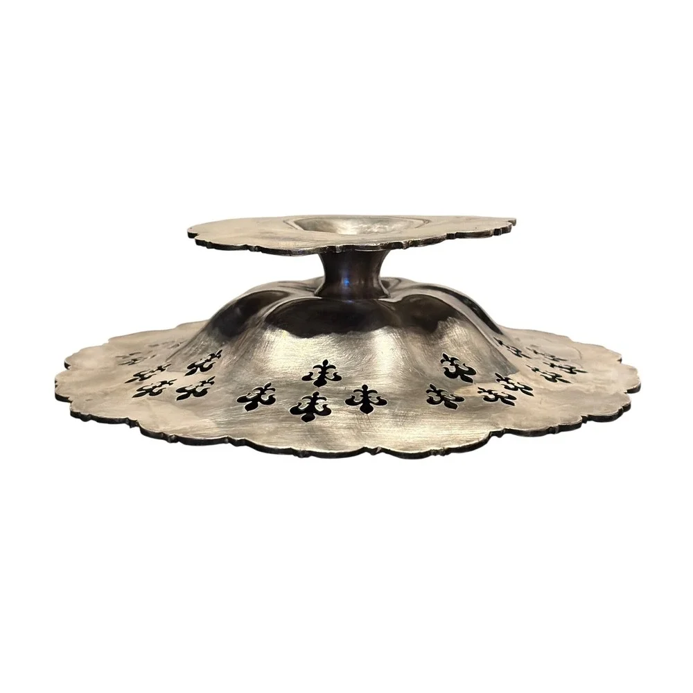 Vintage Silver Plated Footed Compote‎ Bowl Fleur de Lis Cutout Ornate Pedestal